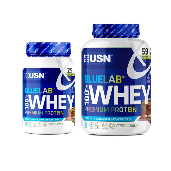 WHEY PROTEIN - Choc Caramel USN WHEY PROTEIN and FREE BLUE LAB WHEY Caramel